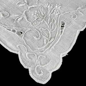 Handkerchief Vintage White Open Work Embroidered Floral Corners Scalloped Edging
